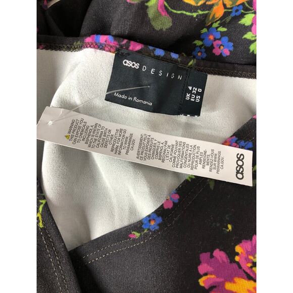 ASOS Juliet Dress Puff Sleeve Belted Sheath Mini Black Base Floral NWT 0 - Picture 4 of 8